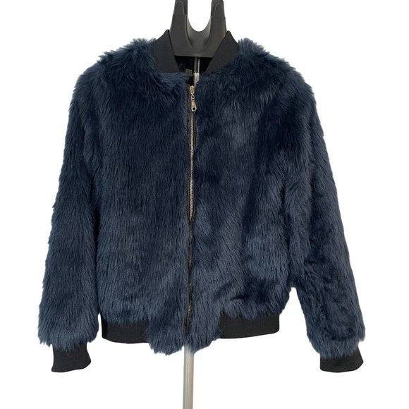SAY WHAT? Faux Fur Jacket Coat Size Small Midnight Blue with Black Trim - Picture 1 of 14